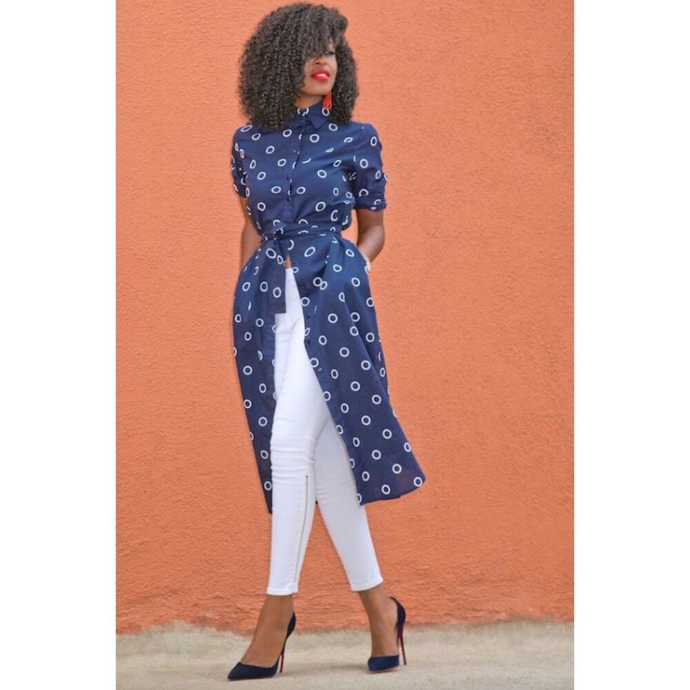 The Fifth Circle Print Belted Cotton Shirtdress Navy Blue White Small